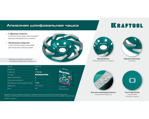KRAFTOOL Boomerang d 125 мм, сегментная алмазная чашка, INDUSTRIAL (33445-125)