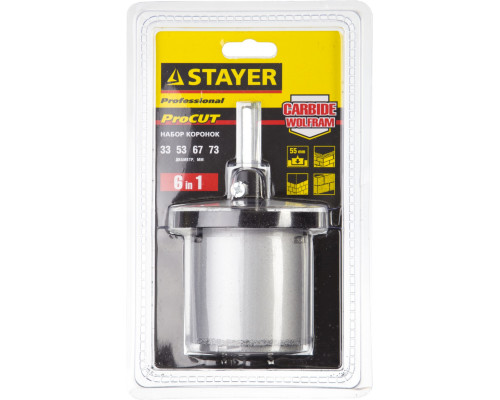 Набор STAYER ″PROFESSIONAL″: Коронки с основанием и центровочным сверлом, d=33, 53, 67, 73мм, 6предм