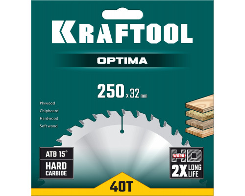 KRAFTOOL Optima, 250 х 32 мм, 40Т, пильный диск по дереву (36951-250-32)
