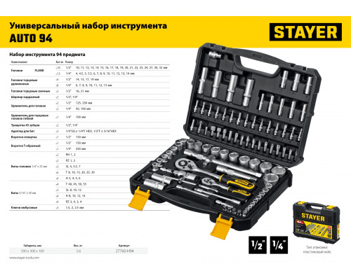 STAYER AUTO 94 универсальный набор инструмента 94 предм.