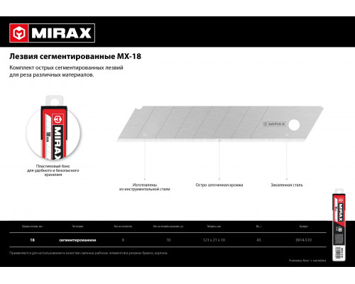 Лезвия сегментированные MX-18, ширина 18 мм, 10 шт, MIRAX