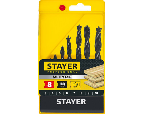 STAYER ″M-type″ 8 шт., 3-4-5-6-7-8-9-10, набор спиральных сверл по дереву