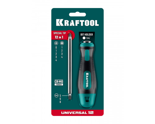 KRAFTOOL Universal-12, PH 0-1-2-3-4, PZ 1-2-3-4, SL 5, 6, 8 мм, 12-в-1, универсальная переставная отвертка с двусторонним стержнем (26168)
