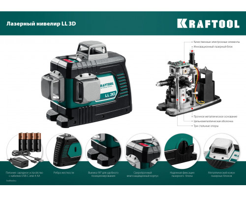 KRAFTOOL LL 3D #4 нивелир лазерный, держатель ВМ1, детектор LR-70, в кейсе