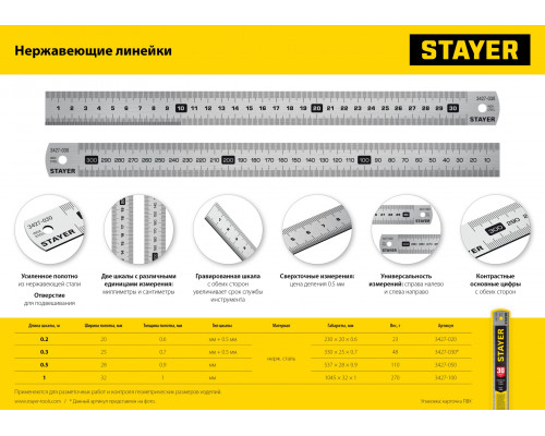 STAYER длина 0.3 м, нержавеющая линейка, Professional (3427-030)