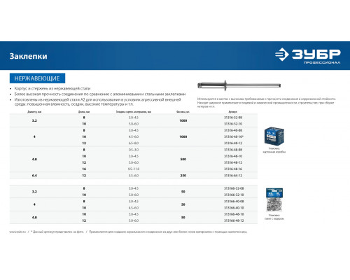 Нержавеющие заклепки, 3.2 х 8 мм, 1000 шт, ЗУБР Профессионал
