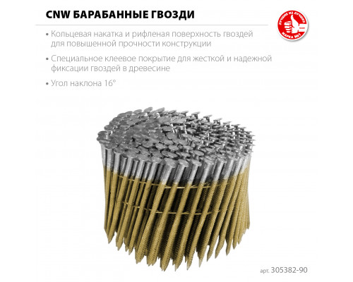 ЗУБР CNW 90 х 3.1 мм, барабанные гвозди рифленые, 3600 шт (305382-90)