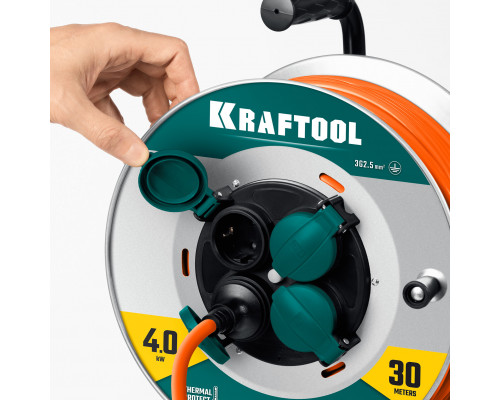 KRAFTOOL ПВС 3х2.5 30м 4000Вт IP44, Силовой удлинитель на стальной катушкеEXPERT (55089-30)