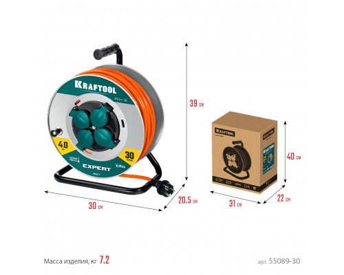 KRAFTOOL ПВС 3х2.5 30м 4000Вт IP44, Силовой удлинитель на стальной катушкеEXPERT (55089-30)