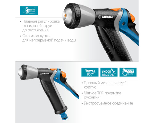 GRINDA PROLine BM-R, плавная регулировка, курок сзади, пистолет поливочный металлический с TPR