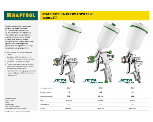 Краскопульт пневматический KRAFTOOL ″PRO″ Jeta 4000 HVLP c верхним бачком, 1.3мм
