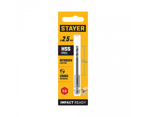 STAYER НЕХ-1/4″, d 2.5 х 79 мм, сверло по металлу для винтовёртов и шуруповертов IMPACT READY (29603-2.5)