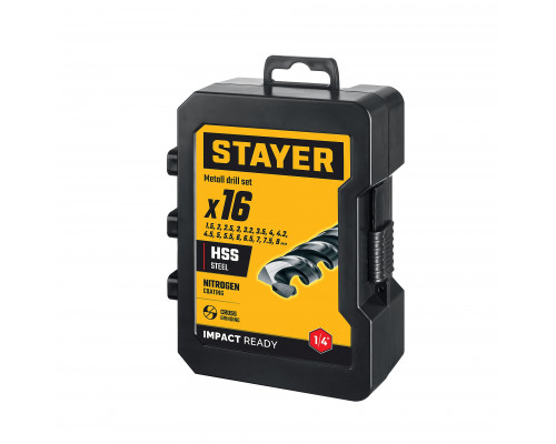STAYER НЕХ-1/4″, 16 шт, набор сверл по металлу для винтовёртов и шуруповертов IMPACT READY (29603-H16)