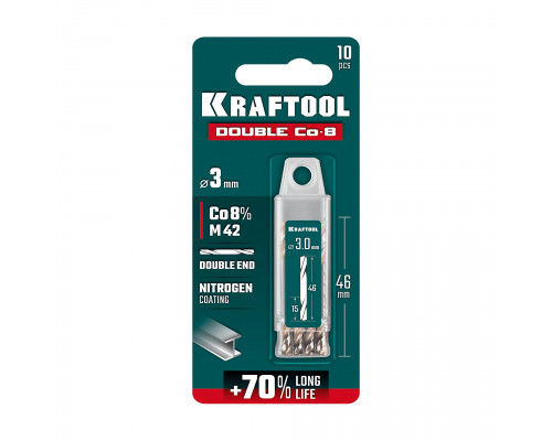 KRAFTOOL DOUBLE Сo-8 3.0х46мм, Сверло двухстороннее по металлу, сталь M42(+8%Co), класс А (29654-3.0-10)