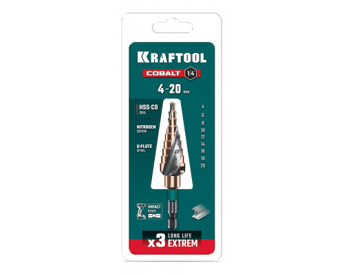 KRAFTOOL COBALT 4-20мм, 9 ступеней, азотирование, винтовая спираль, сверло ступенчатое(29691-4-20-9)