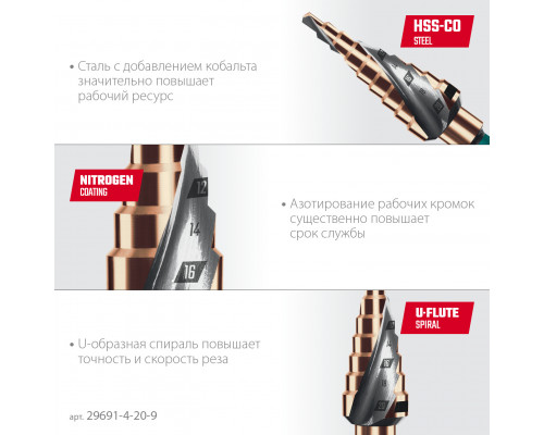 KRAFTOOL COBALT 4-20мм, 9 ступеней, азотирование, винтовая спираль, сверло ступенчатое(29691-4-20-9)