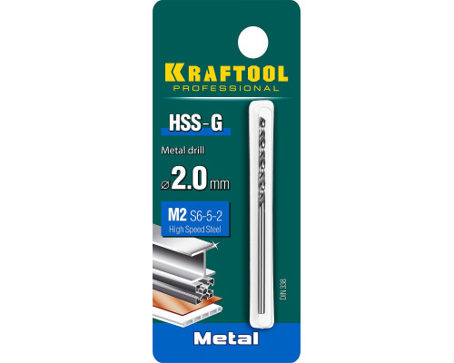 KRAFTOOL HSS-G 2.0 х49мм, Сверло по металлу HSS-G, сталь М2(S6-5-2)