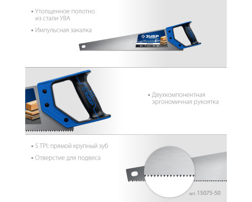 Ножовка по дереву (пила) ″МОЛНИЯ-5″ 500 мм, 5 TPI, прямой крупный зуб, быстрый рез поперек волокон, для крупных и средних заготовок, ЗУБР
