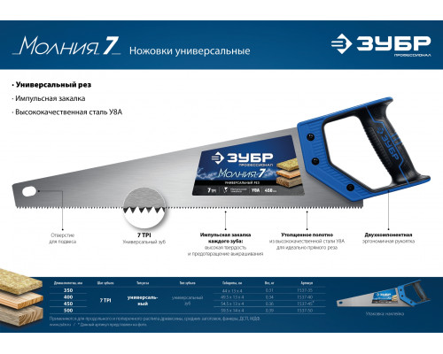 Ножовка универсальная (пила) ″МОЛНИЯ-7″ 450 мм, 7 TPI, закалка, рез вдоль и поперек волокон, для средних заготовок, фанеры, ДСП, МДФ, ЗУБР