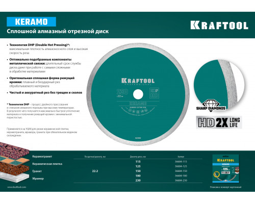 KERAMO 125 мм, диск алмазный отрезной сплошной по керамограниту, керамической плитке, KRAFTOOL