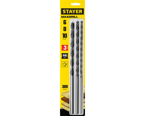 STAYER ″Maxdrill″ 3 шт., 6-8-10 х 300 мм, набор сверл спиральных по дереву