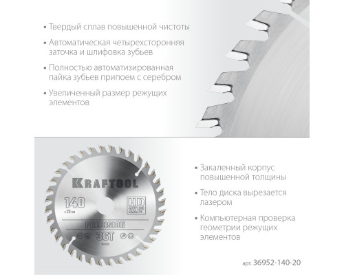 KRAFTOOL Precision, 140 х 20 мм, 36Т, пильный диск по дереву (36952-140-20)