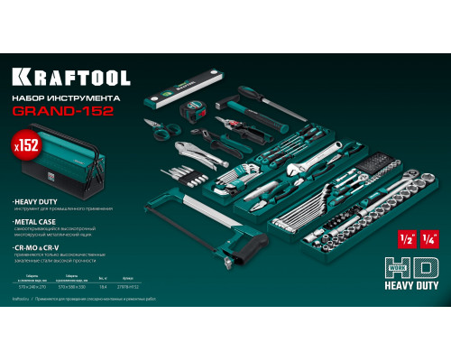 KRAFTOOL GRAND-152, 152 предм., (1/2″+1/4″), Универсальный набор инструмента (27978-H152)