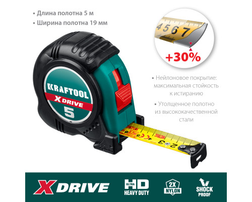KRAFTOOL X-Drive 5м / 19мм рулетка с ударостойким обрезиненным корпусом
