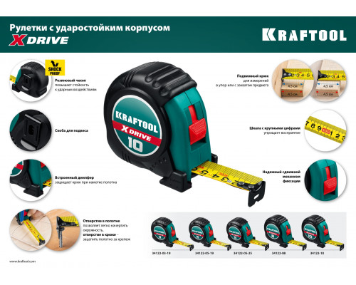 KRAFTOOL X-Drive 5м / 19мм рулетка с ударостойким обрезиненным корпусом