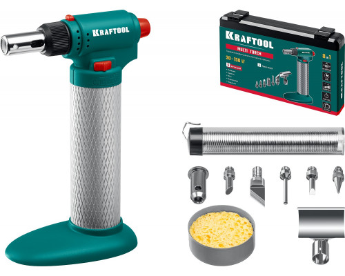 Газовый паяльник KRAFTOOL MULTI TORCH набор 8-в-1, 30-150 Вт, горелка, фен, пьезоподжиг, 1300°С