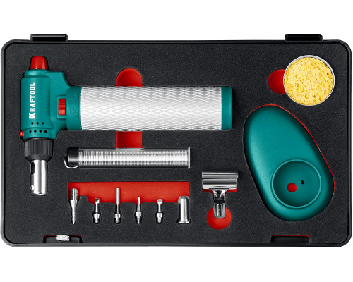 Газовый паяльник KRAFTOOL MULTI TORCH набор 8-в-1, 30-150 Вт, горелка, фен, пьезоподжиг, 1300°С