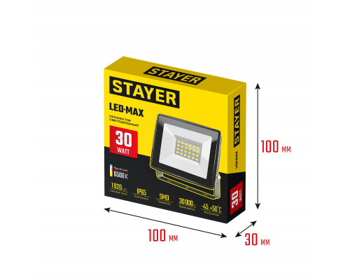 STAYER LED-MAX, 30 Вт, 6500K, IP 65, светодиодный прожектор (57131-30)