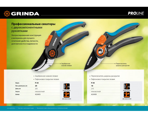 Плоскостной секатор GRINDA PROLine P-55 205 мм с двухкомпонентными рукоятками