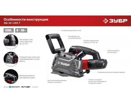 ЗУБР d 125 мм, 1200 Вт, 30 мм, штроборез (бороздодел) (ЗШ-30-1205 Т)