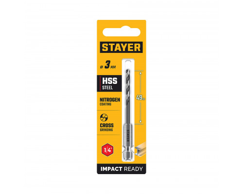 STAYER НЕХ-1/4″, d 3.0 х 84 мм, сверло по металлу для винтовёртов и шуруповертов IMPACT READY (29603-3)