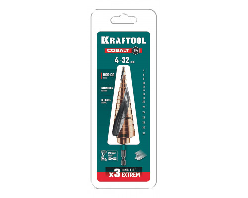 KRAFTOOL COBALT 4-32мм, 15 ступеней, азотирование, винтовая спираль, сверло ступенчатое(29691-4-32-15)