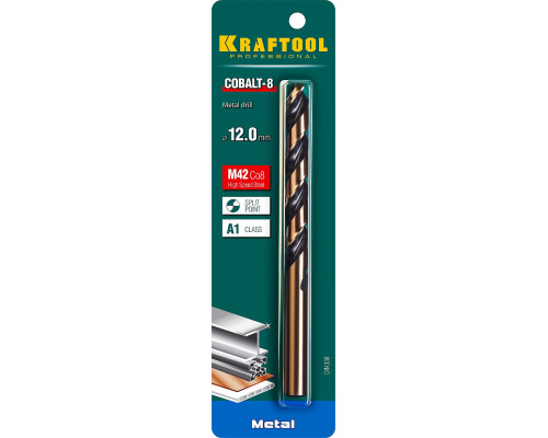 KRAFTOOL COBALT 12.0 х151мм, Сверло по металлу HSS-Co(8%) , сталь М42(S2-10-1-8)