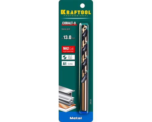 KRAFTOOL COBALT 13.0 х151мм, Сверло по металлу HSS-Co(8%) , сталь М42(S2-10-1-8)