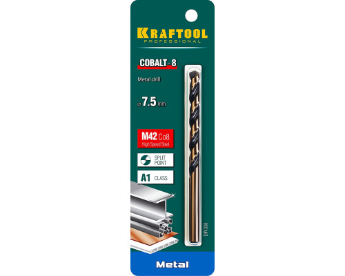 KRAFTOOL COBALT 7.5 х109мм, Сверло по металлу HSS-Co(8%) , сталь М42(S2-10-1-8)