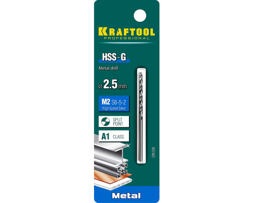 KRAFTOOL HSS-G 2.5 х57мм, Сверло по металлу HSS-G, сталь М2(S6-5-2)