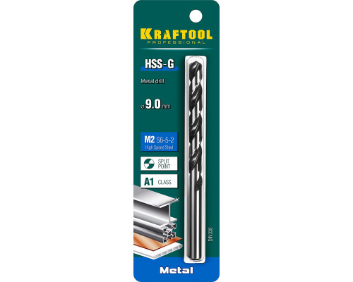 KRAFTOOL HSS-G 9.0 х125мм, Сверло по металлу HSS-G, сталь М2(S6-5-2)