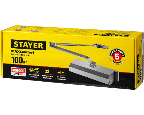 Доводчик дверной STAYER, для дверей массой до 100 кг, цвет белый