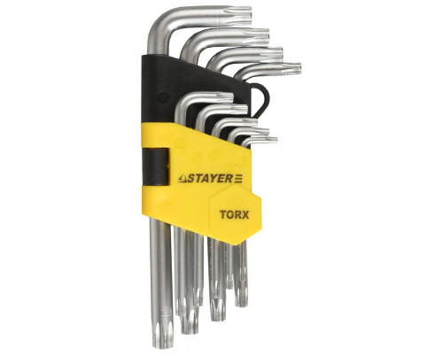 Набор STAYER ″MASTER″: Ключи имбусовые короткие, Cr-V, сатинированное покрытие, пластиковый держатель, Т10-Т50мм, 9 предметов