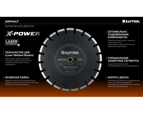 KRAFTOOL ASPHALT 350 мм (25.4/20 мм, 12х3.2 мм), алмазный диск (36687-350)