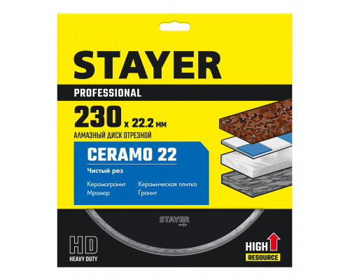 STAYER Ceramo-22, d 230 мм, (22.2 мм, 5 х 2.4 мм), сплошной алмазный диск, Professional (3664-230)