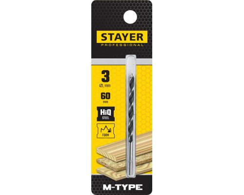 STAYER ″M-type″ 3,0x60/30мм, сверло спиральное по дереву, М-образная заточка ″M-type″