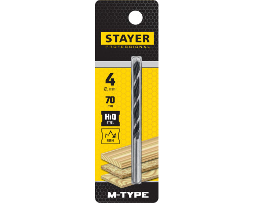 STAYER ″M-type″ 4,0x70/40мм, сверло спиральное по дереву, М-образная заточка