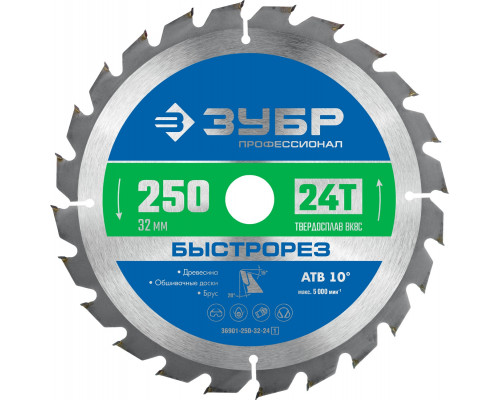 ЗУБР Быстрорез, 250 x 32 мм, 24Т, пильный диск по дереву, Профессионал (36901-250-32-24)