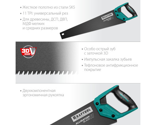 Ножовка для точного реза ″Alligator BLACK 11″, 500 мм, 11 TPI 3D зуб, KRAFTOOL