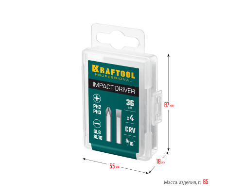 Биты для ударной отвертки 4 шт 36 мм, KRAFTOOL